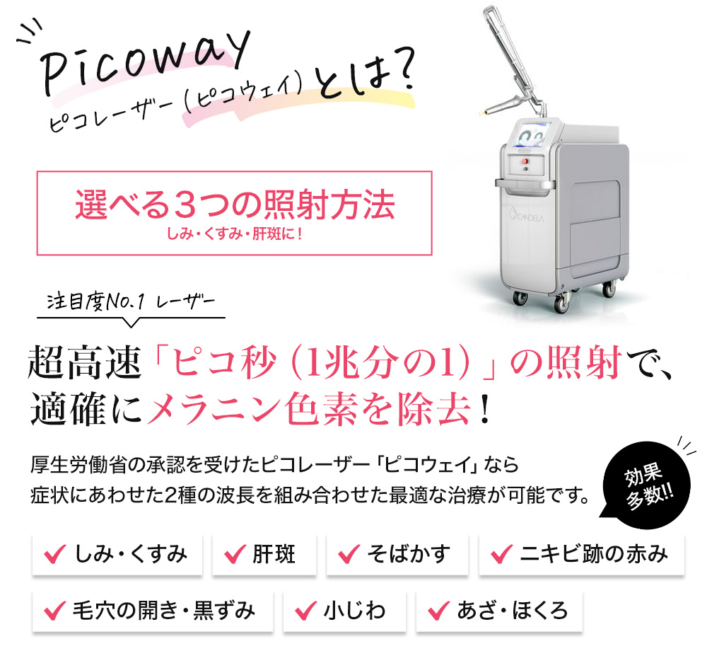 ピコレーザーとは？ 極細針（マイクロニードル）× 導入剤 肌奥まで有効成分を浸透＆治療効果アップ！肌の自然治癒力を活性化し、コラーゲンとエラスチン生成を促進して肌のハリを回復します。 効果多数!! 肌質・毛穴 肌の透明感 凹凸ニキビ跡 ハリやツヤ キメ・ざらつき 小じわ 毛穴黒ずみ