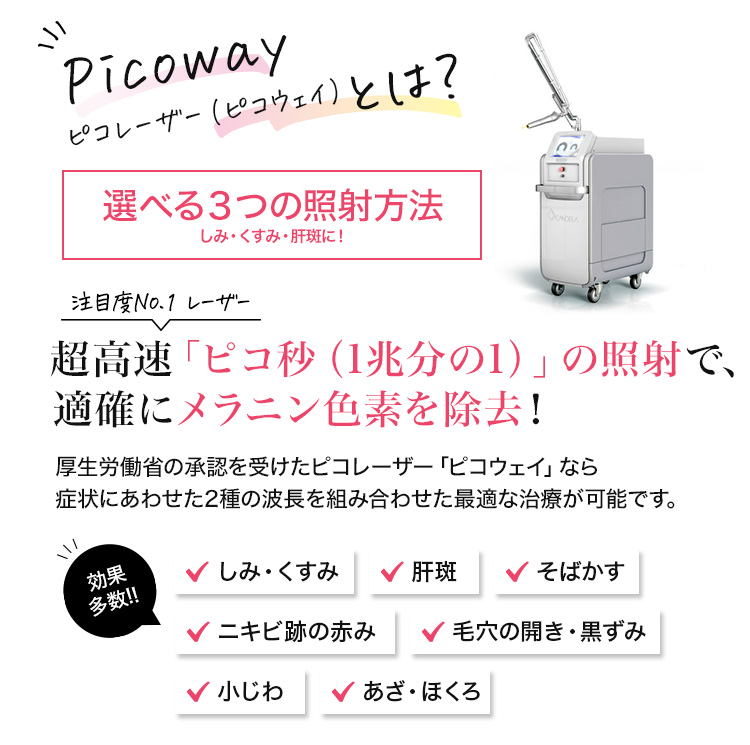 ピコレーザーとは？ 極細針（マイクロニードル）× 導入剤 肌奥まで有効成分を浸透＆治療効果アップ！肌の自然治癒力を活性化し、コラーゲンとエラスチン生成を促進して肌のハリを回復します。 効果多数!! 肌質・毛穴 肌の透明感 凹凸ニキビ跡 ハリやツヤ キメ・ざらつき 小じわ 毛穴黒ずみ